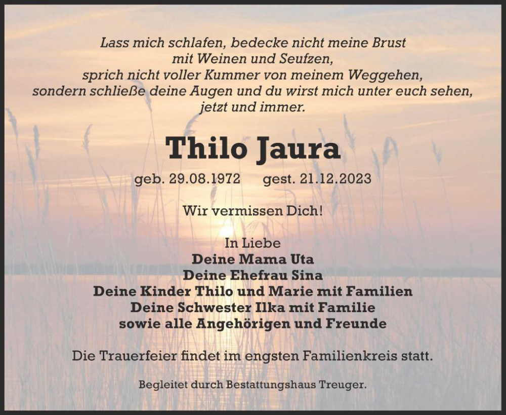  Traueranzeige für Thilo Jaura vom 03.01.2024 aus WochenKurier