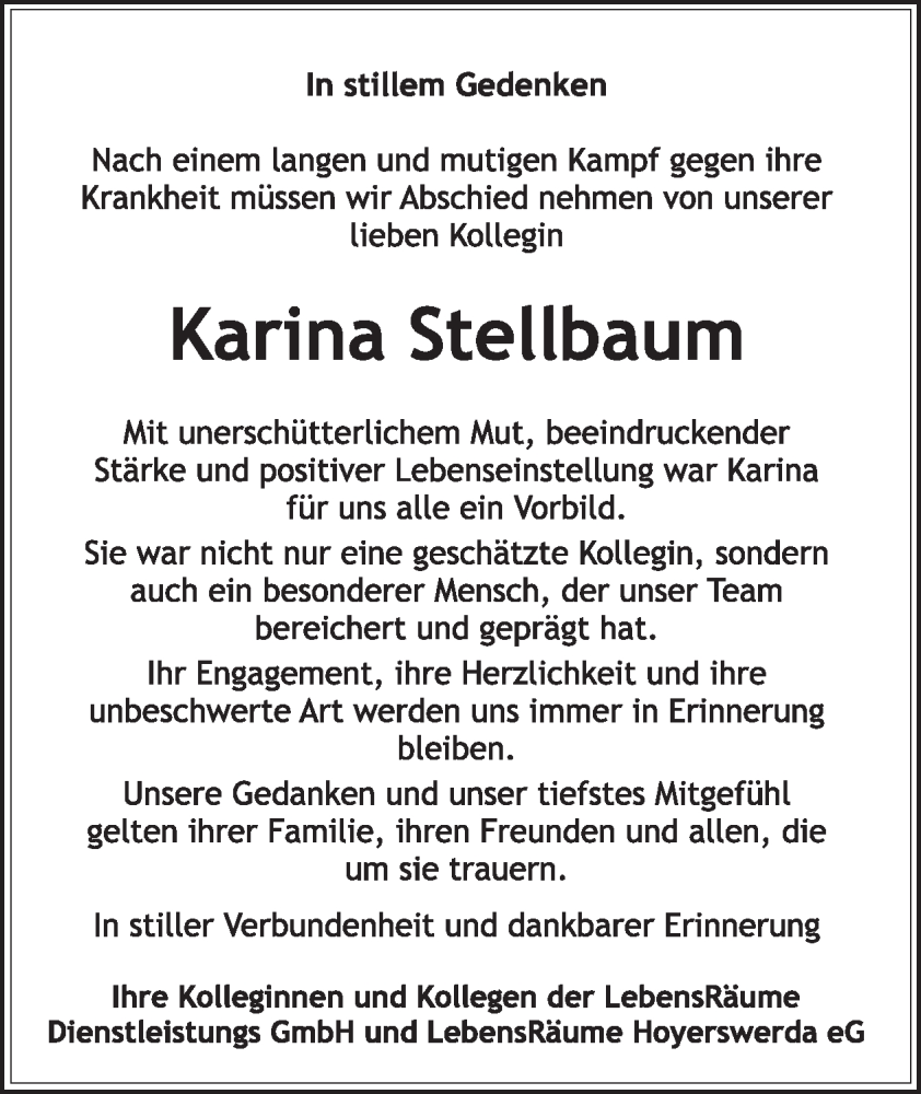  Traueranzeige für Karina Stellbaum vom 21.12.2024 aus WochenKurier