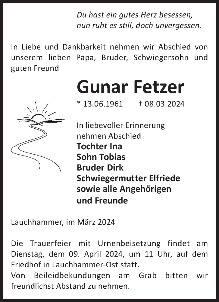  Traueranzeige für Gunar Fetzer vom 27.03.2024 aus WochenKurier