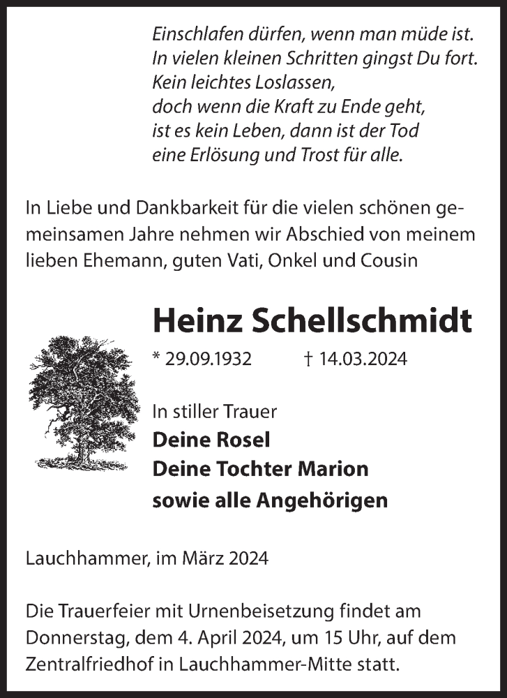  Traueranzeige für Heinz Schellschmidt vom 27.03.2024 aus WochenKurier