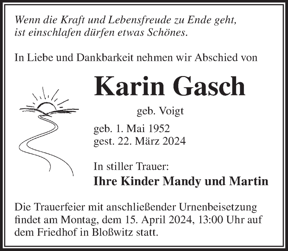  Traueranzeige für Karin Gasch vom 30.03.2024 aus WochenKurier