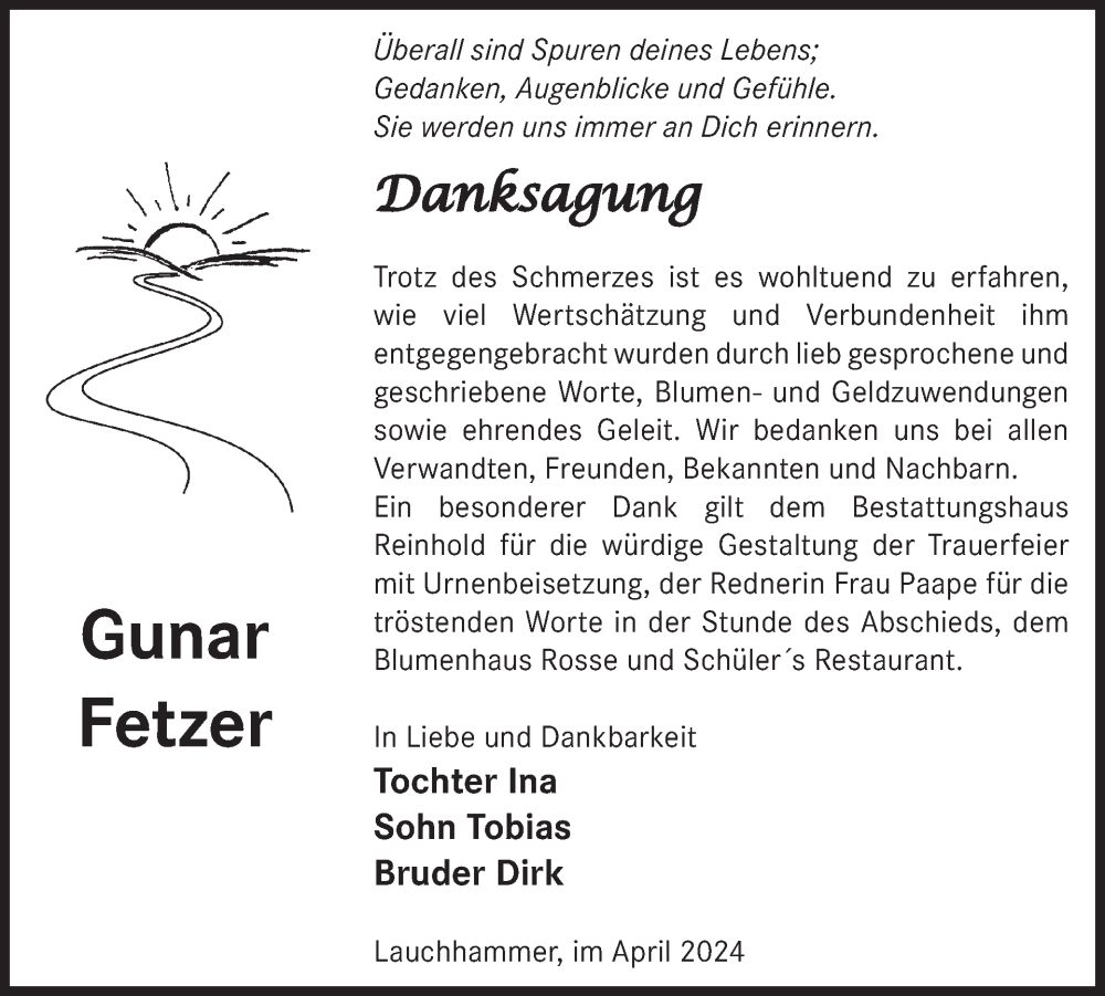  Traueranzeige für Gunar Fetzer vom 24.04.2024 aus WochenKurier