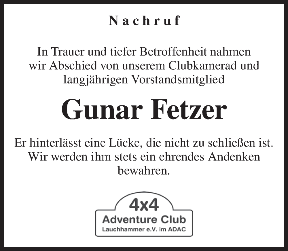  Traueranzeige für Gunar Fetzer vom 24.04.2024 aus WochenKurier