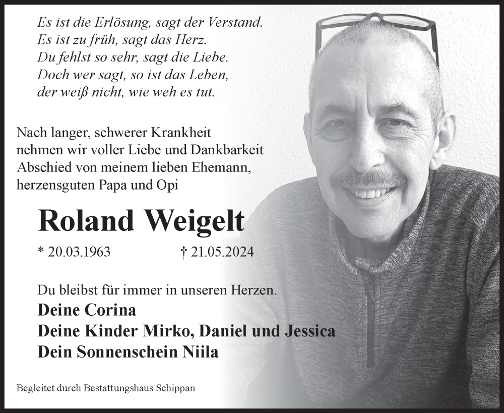 Traueranzeige für Roland Weigelt vom 29.05.2024 aus WochenKurier