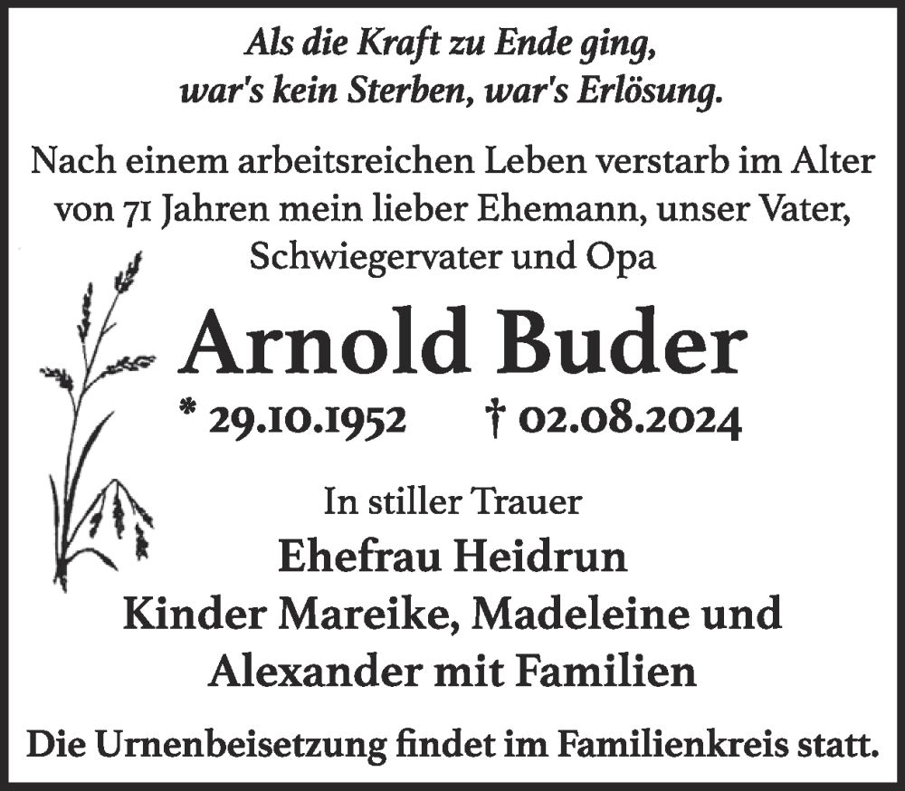  Traueranzeige für Arnold Buder vom 10.08.2024 aus WochenKurier