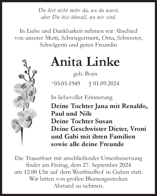 Traueranzeige von Anita Linke von WochenKurier