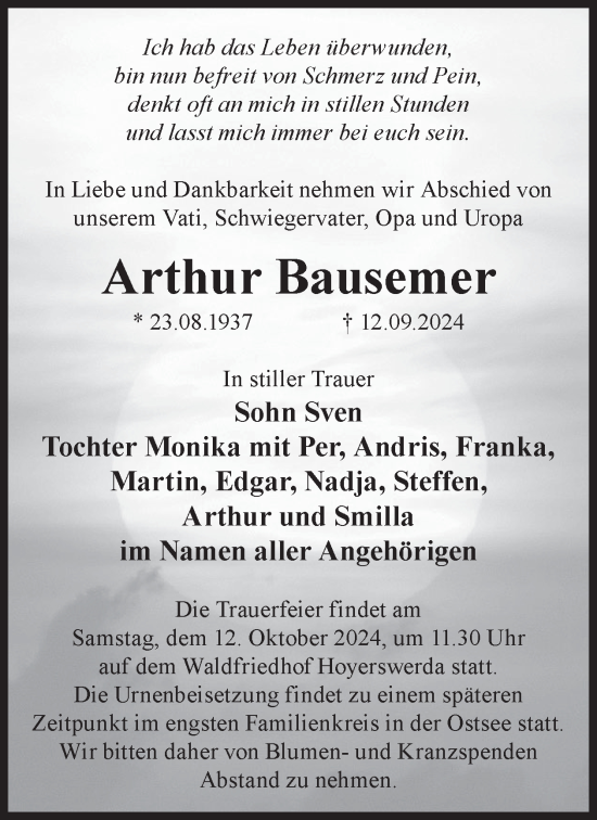 Traueranzeige von Arthur Bausemer von WochenKurier