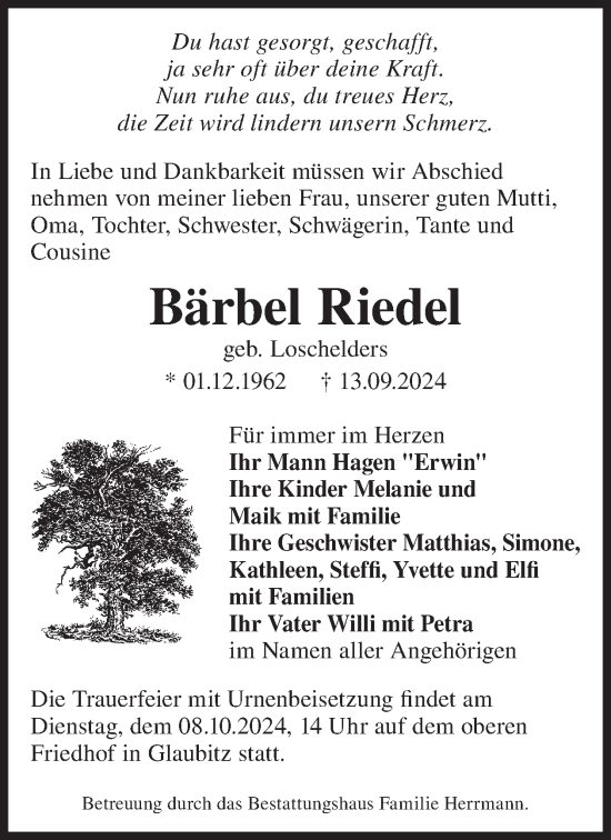 Traueranzeige von Bärbel Riedel von WochenKurier