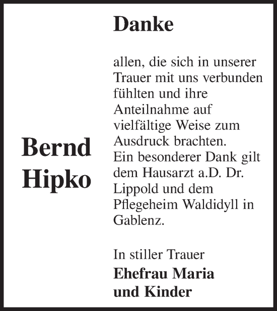 Traueranzeige von Bernd Hipko von WochenKurier