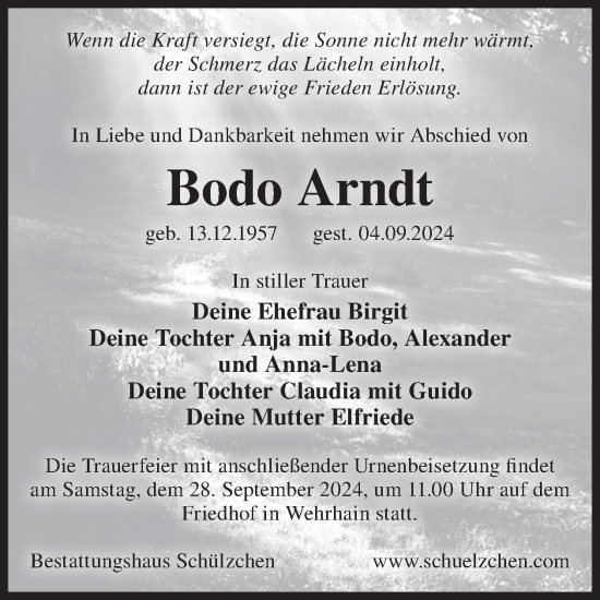 Traueranzeige von Bodo Arndt von WochenKurier