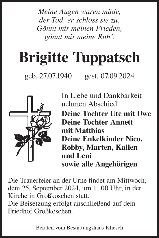 Traueranzeige von Brigitte Tuppatsch von WochenKurier