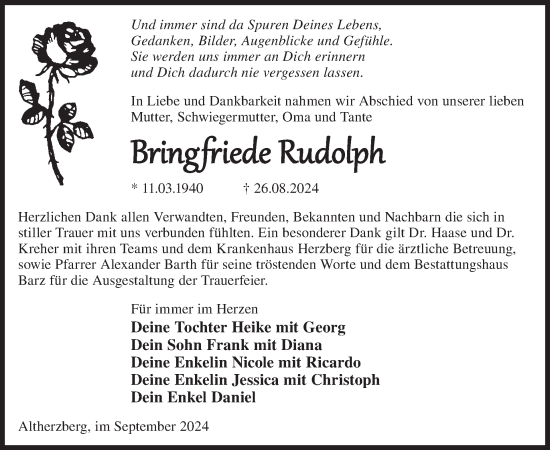 Traueranzeige von Bringfriede Rudolph von WochenKurier