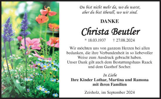 Traueranzeige von Christa Beutler von WochenKurier