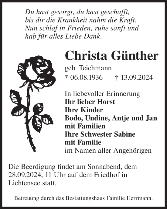 Traueranzeige von Christa Günther von WochenKurier