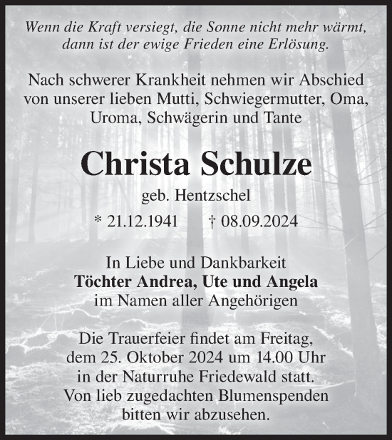 Traueranzeige von Christa Schulze von WochenKurier