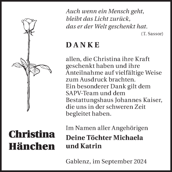 Traueranzeige von Christina Hänchen von WochenKurier