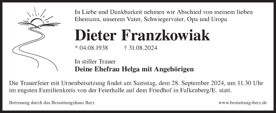 Traueranzeige von Dieter Franzkowiak von WochenKurier