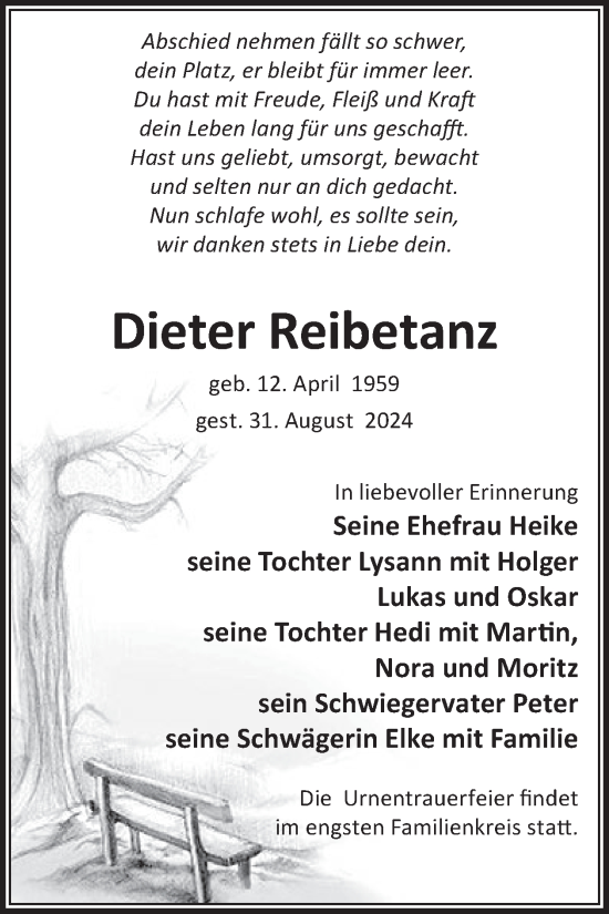 Traueranzeige von Dieter Reibetanz von WochenKurier