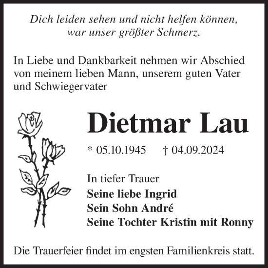 Traueranzeige von Dietmar Lau von WochenKurier