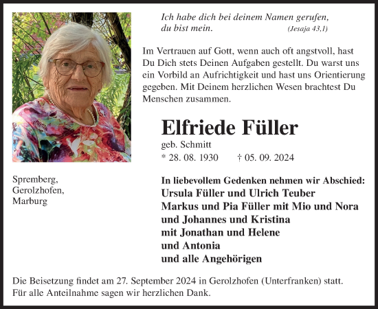 Traueranzeige von Elfriede Füller von WochenKurier