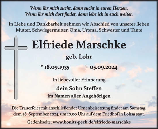 Traueranzeige von Elfriede Marschke von WochenKurier