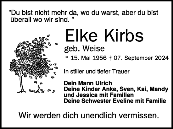 Traueranzeige von Elke Kirbs von WochenKurier