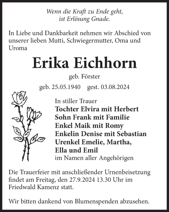 Traueranzeige von Erika Eichhorn von WochenKurier