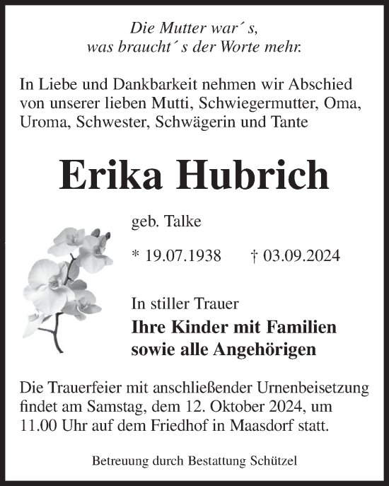 Traueranzeige von Erika Hubrich von WochenKurier