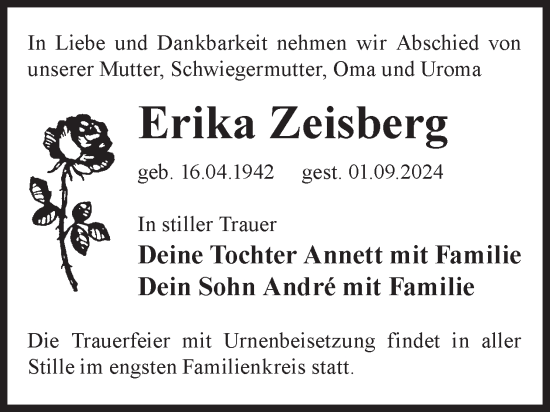 Traueranzeige von Erika Zeisberg von WochenKurier