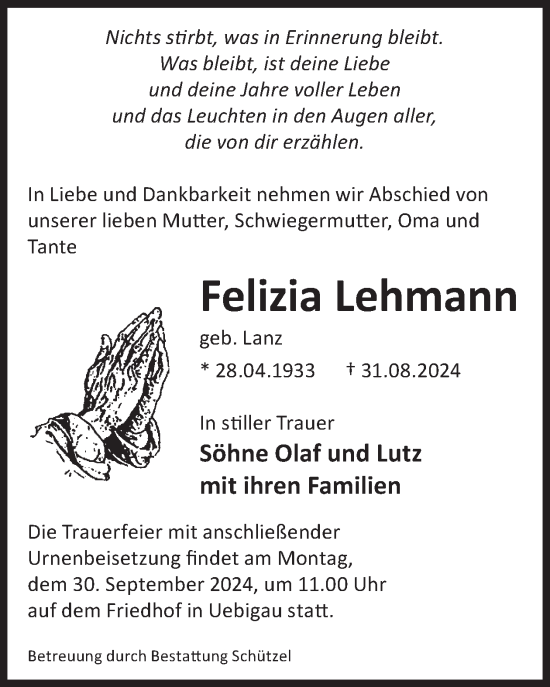 Traueranzeige von Felizia Lehmann von WochenKurier