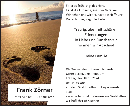 Traueranzeige von Frank Zörner von WochenKurier