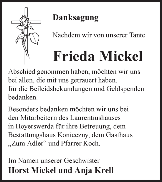 Traueranzeige von Frieda Mickel von WochenKurier