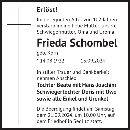 Traueranzeige von Frieda Schombel von WochenKurier