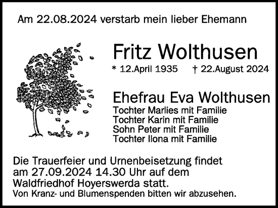 Traueranzeige von Fritz Wolthusen von WochenKurier