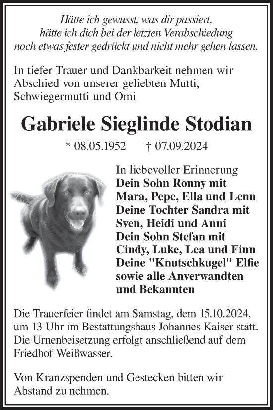 Traueranzeige von Gabriele Sieglinde Stodian von WochenKurier