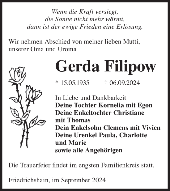 Traueranzeige von Gerda Filipow von WochenKurier