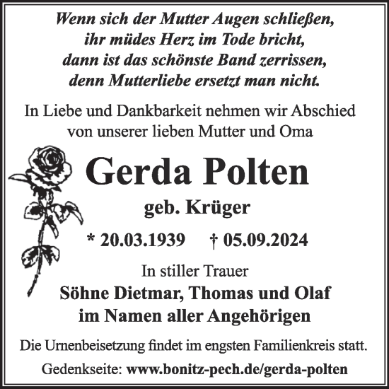 Traueranzeige von Gerda Polten von WochenKurier