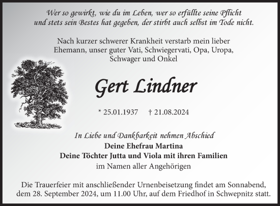 Traueranzeige von Gert Lindner von WochenKurier