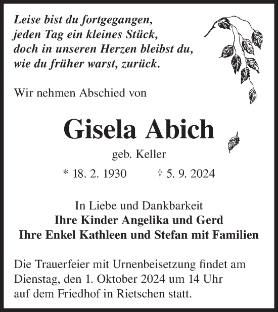 Traueranzeige von Gisela Abich von WochenKurier