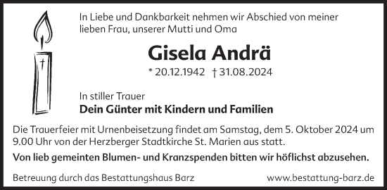 Traueranzeige von Gisela Andrä von WochenKurier