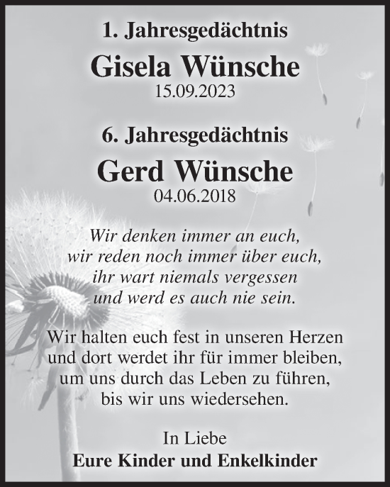 Traueranzeige von Gisela Wünsche von WochenKurier