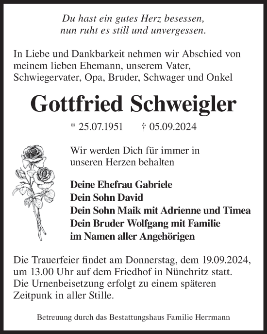 Traueranzeige von Gottfried Schweigler von WochenKurier