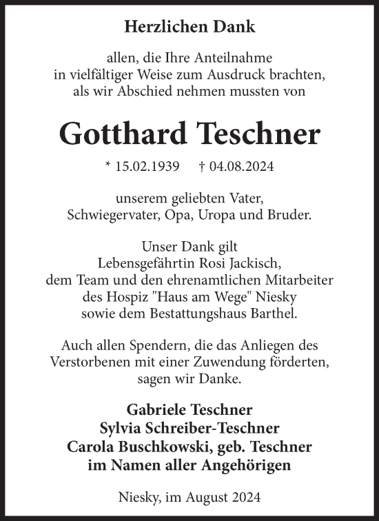 Traueranzeige von Gotthard Teschner von WochenKurier