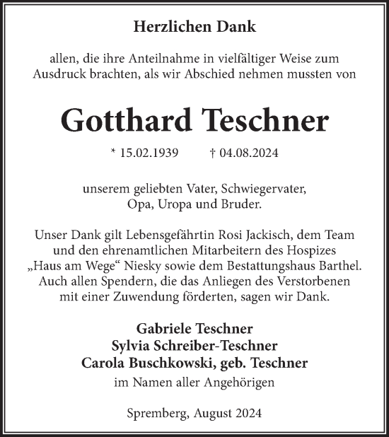 Traueranzeige von Gotthard Teschner von WochenKurier