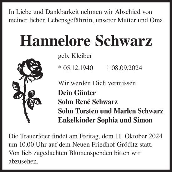 Traueranzeige von Hannelore Schwarz von WochenKurier