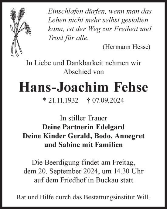 Traueranzeige von Hans-Joachim Fehse von WochenKurier