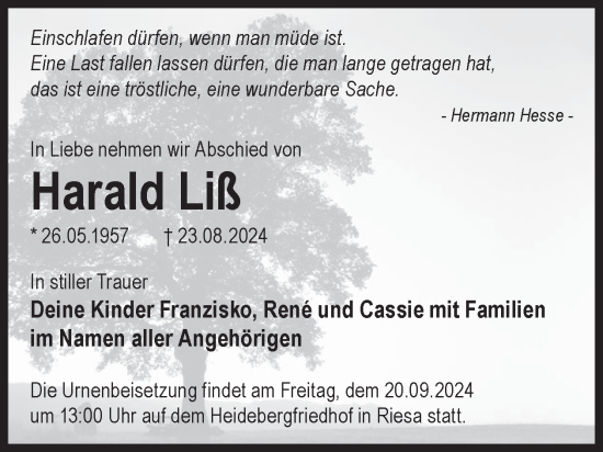 Traueranzeige von Harald Liß von WochenKurier