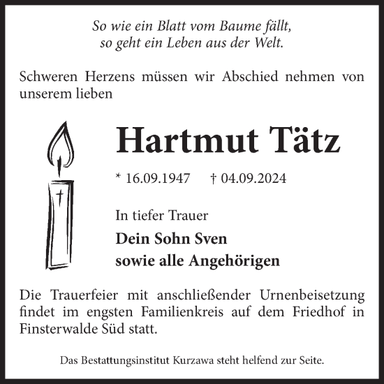 Traueranzeige von Hartmut Tätz von WochenKurier