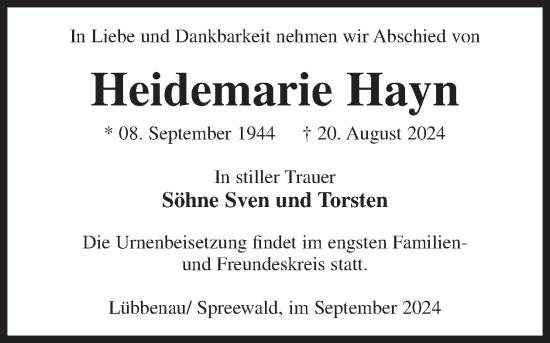 Traueranzeige von Heidemarie Hayn von WochenKurier