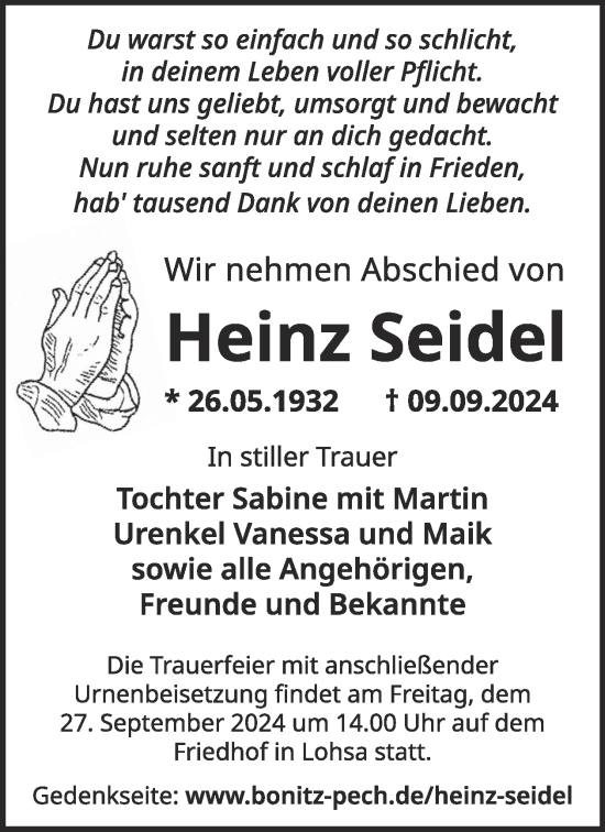 Traueranzeige von Heinz Seidel von WochenKurier